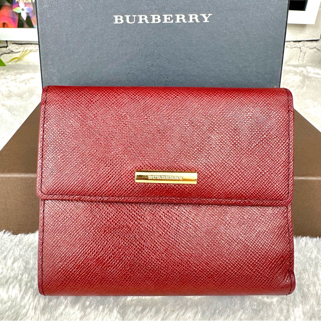 Burberry Red Leather Compact Wallet Excellent In Original Box